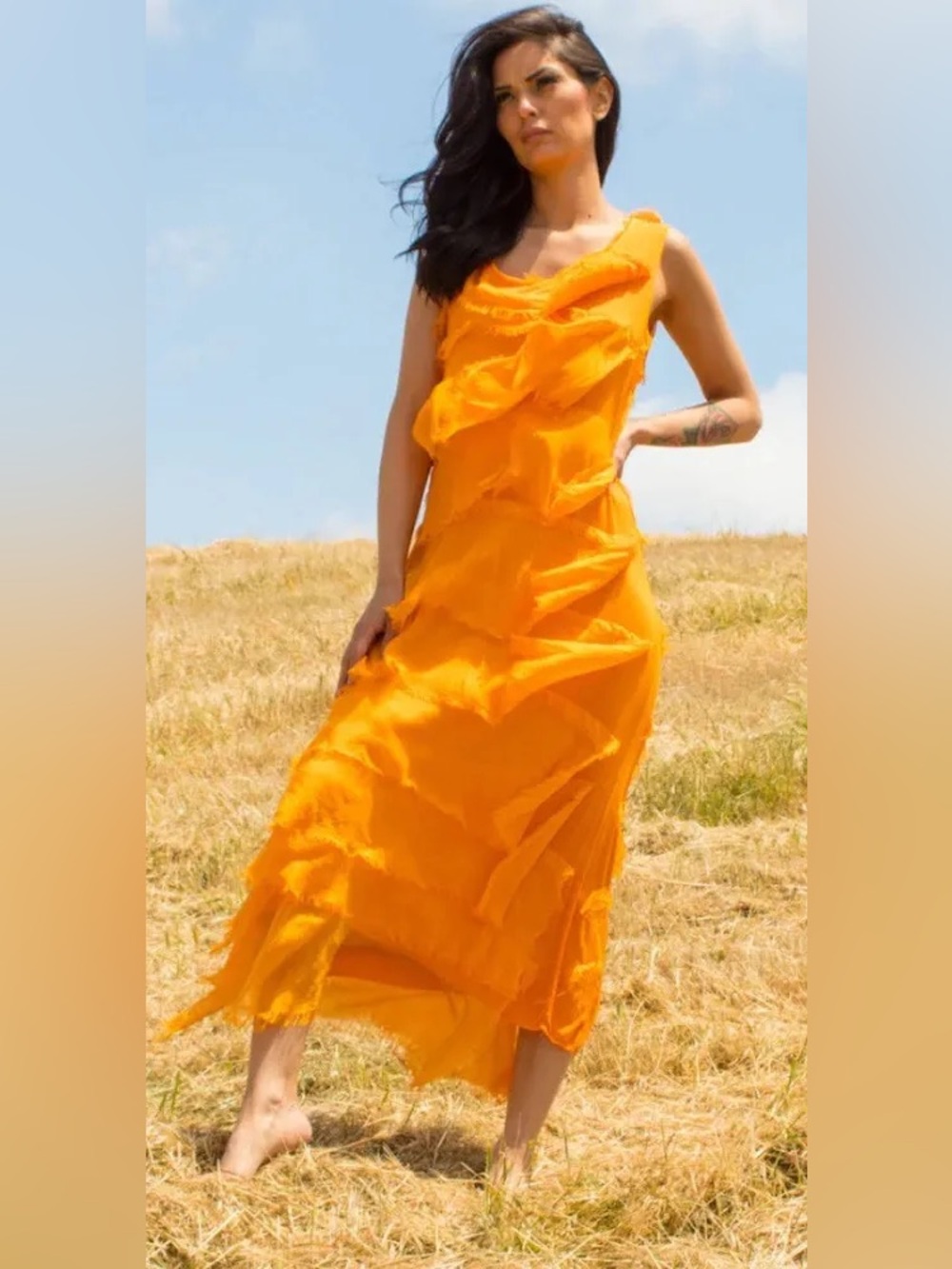 Anna Melani NWT Silk Blend Made in Italy Tangerine Tiered Fringe Maxi Dress